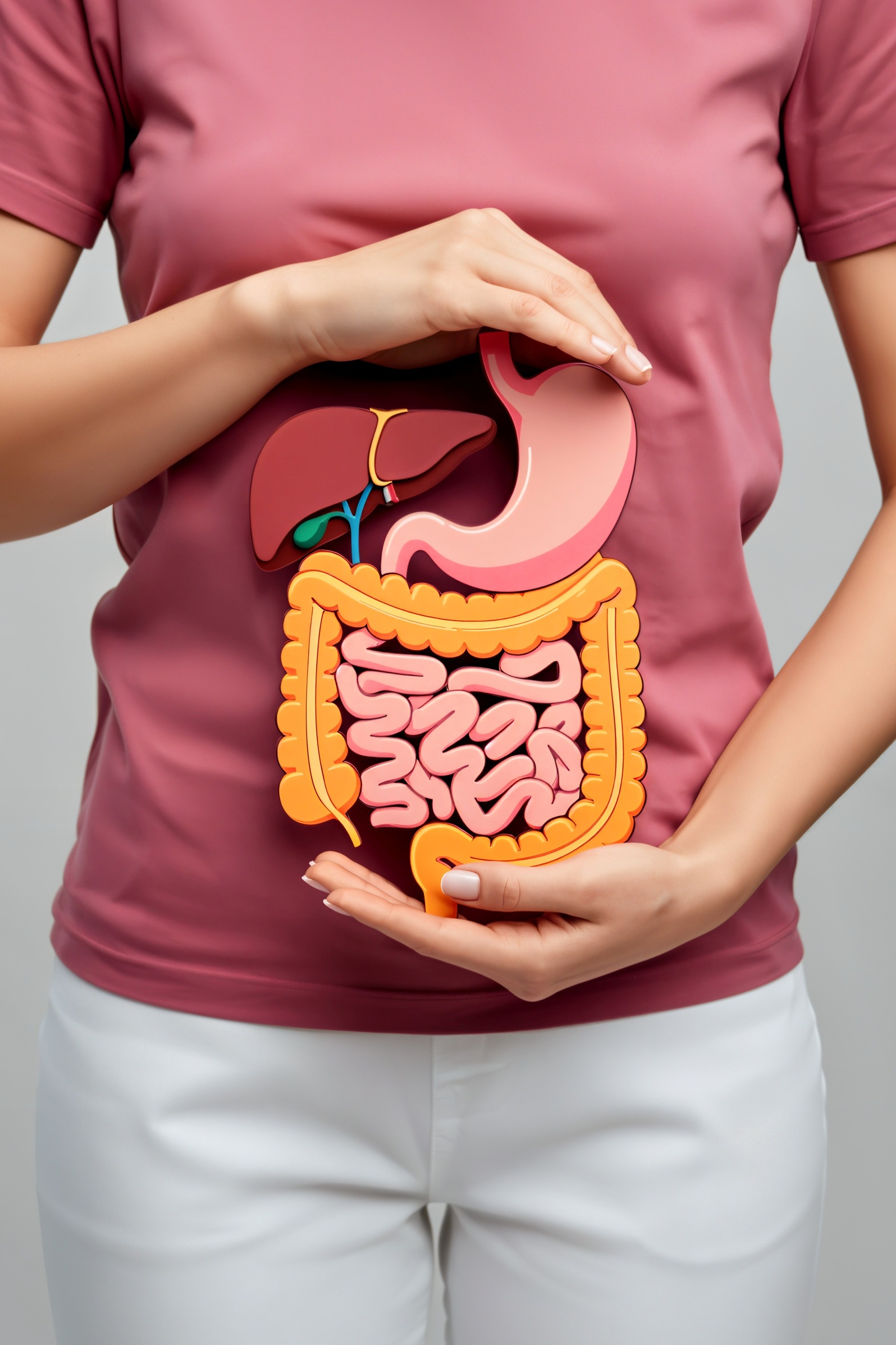 Female holding colorful anatomical digestive system model in front of torso showing stomach intestines liver