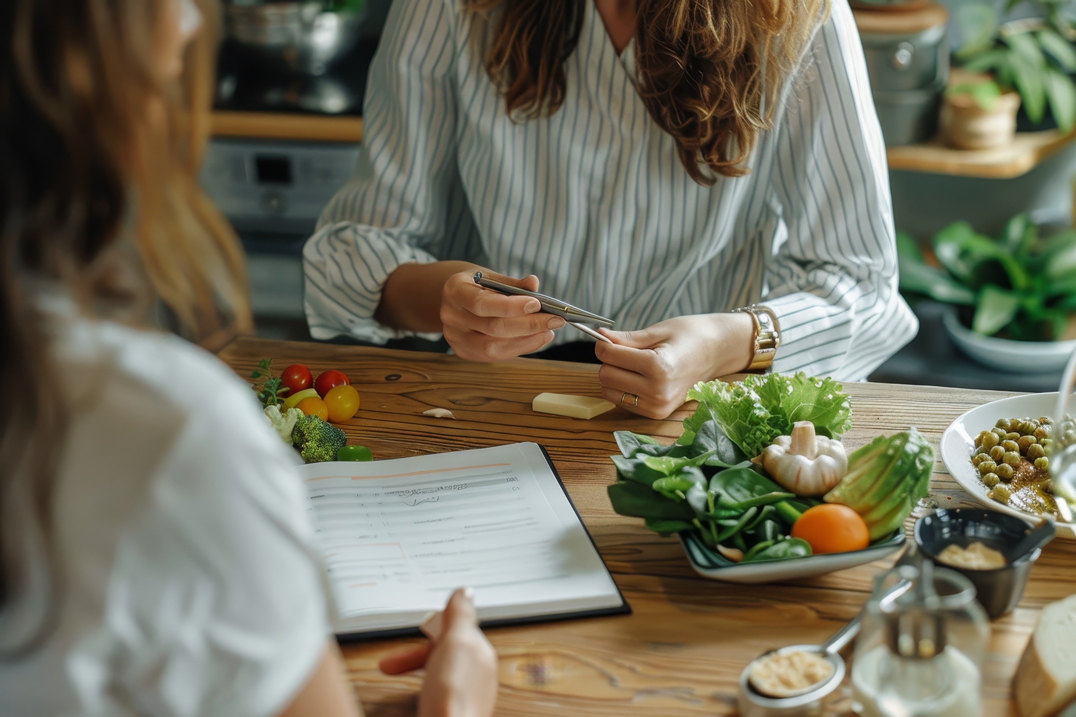 A woman sitting at a table with a plate of food in front of her while discussing meal plans with a nutritionist, Nutritionist discussing meal plans with a client